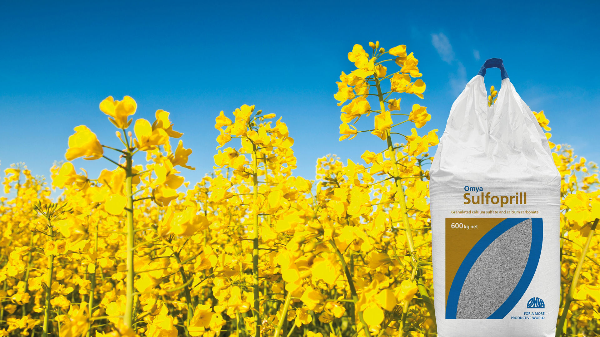 Bag of Omya Sulfoprill granulated calcium sulfate fertilizer, designed to provide sulfur and calcium for improved soil structure and crop nutrition.