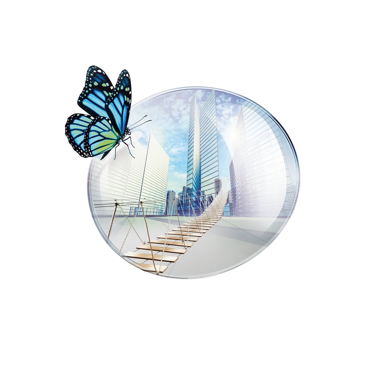 Butterfly on a baloon and inside the baloon stairs and buildings