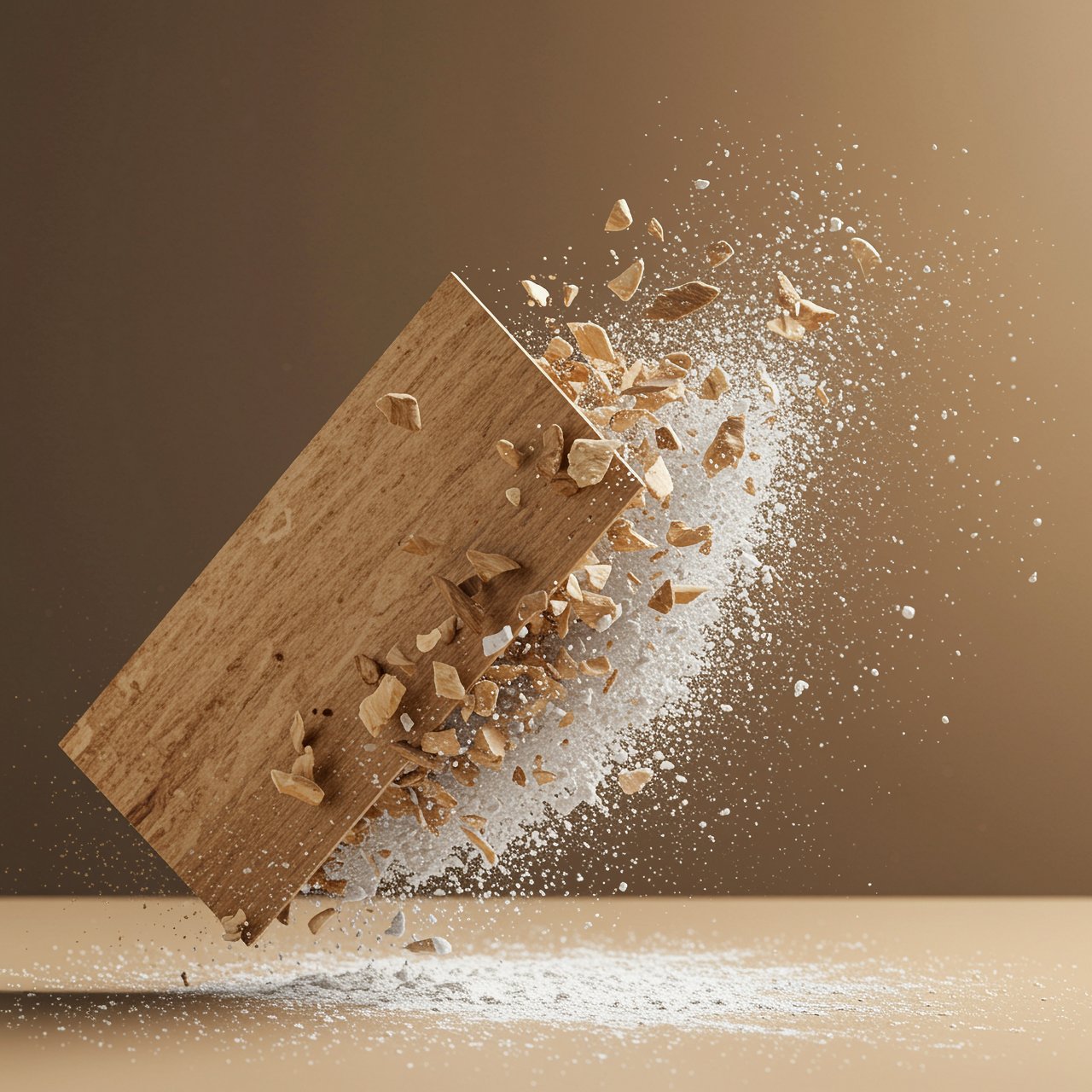 Cinematic and inspirational visual of a wood fiberboard partially transforming into a smooth mineral surface, symbolizing innovation and sustainability in materials science. Show a dynamic composition: wooden chips dissolving into white powder mid-air,