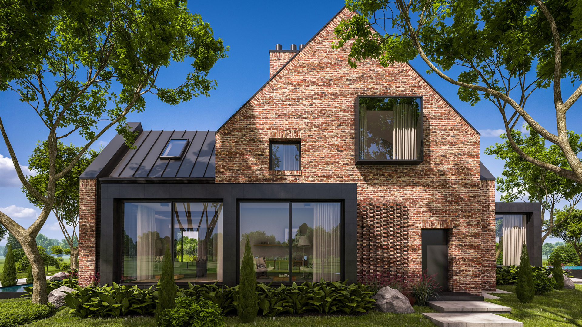 brick house with glass patio on a sunny day