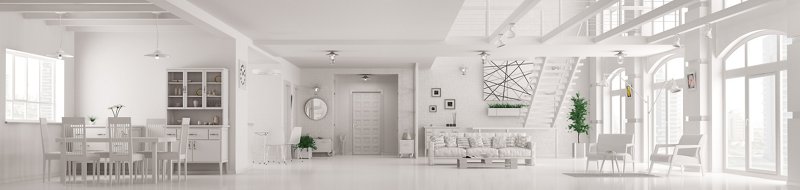 Modern white loft apartment interior, living room, hall, staircase, panorama 3d render; Shutterstock ID 426681523