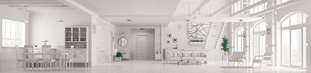 Modern white loft apartment interior, living room, hall, staircase, panorama 3d render; Shutterstock ID 426681523