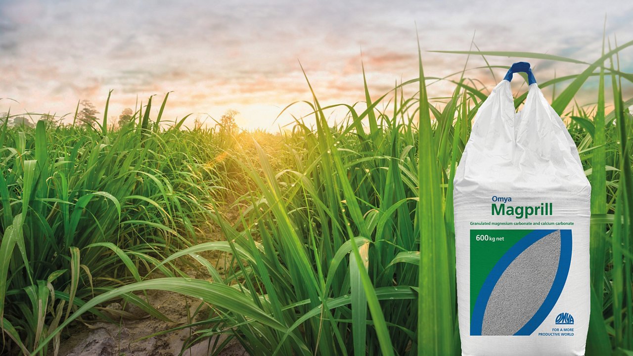 Bag of Omya Magprill, a granulated soil conditioner made from calcium carbonate and dolomite, providing magnesium and calcium to improve soil pH and crop health
