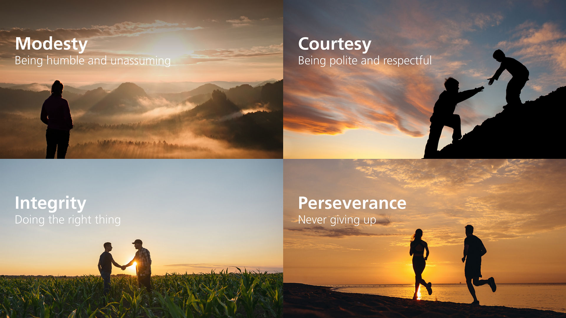 Collage of four pictures showcasing the Omya values of modesty courtesy integrity and perseverance