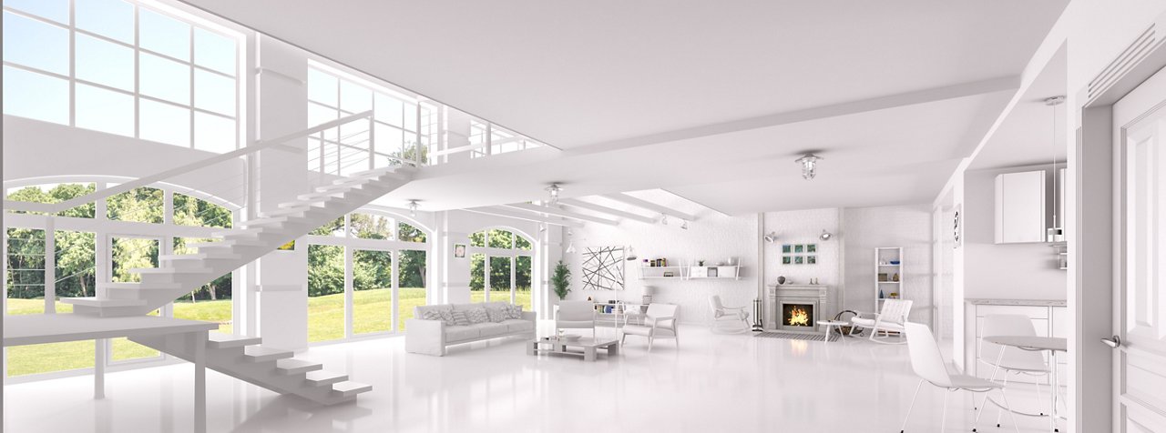 White interior of the sitting room of a house