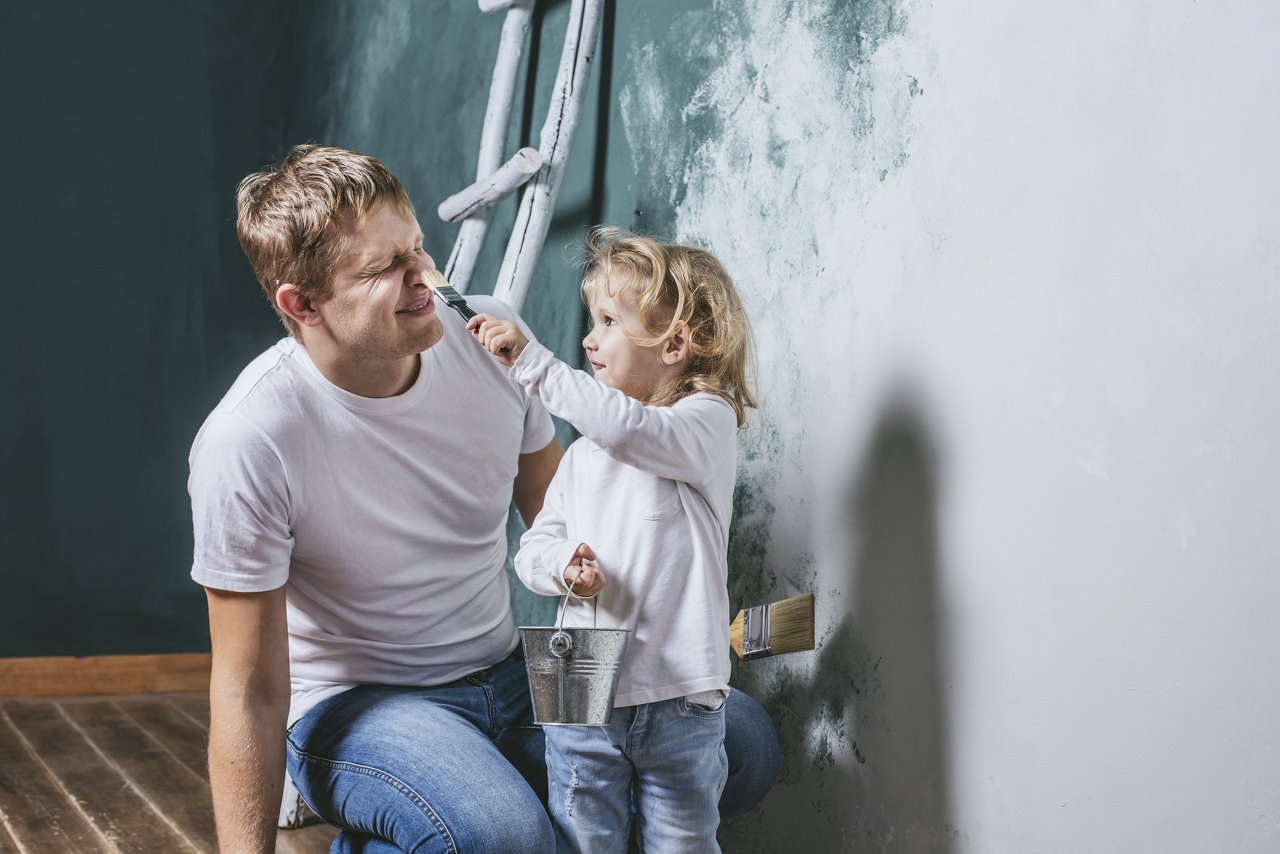 Family, happy daughter with dad doing home repair, paint walls, together with love; Shutterstock ID 501465535; Purchase Order: Construction / Omyasmart Zero