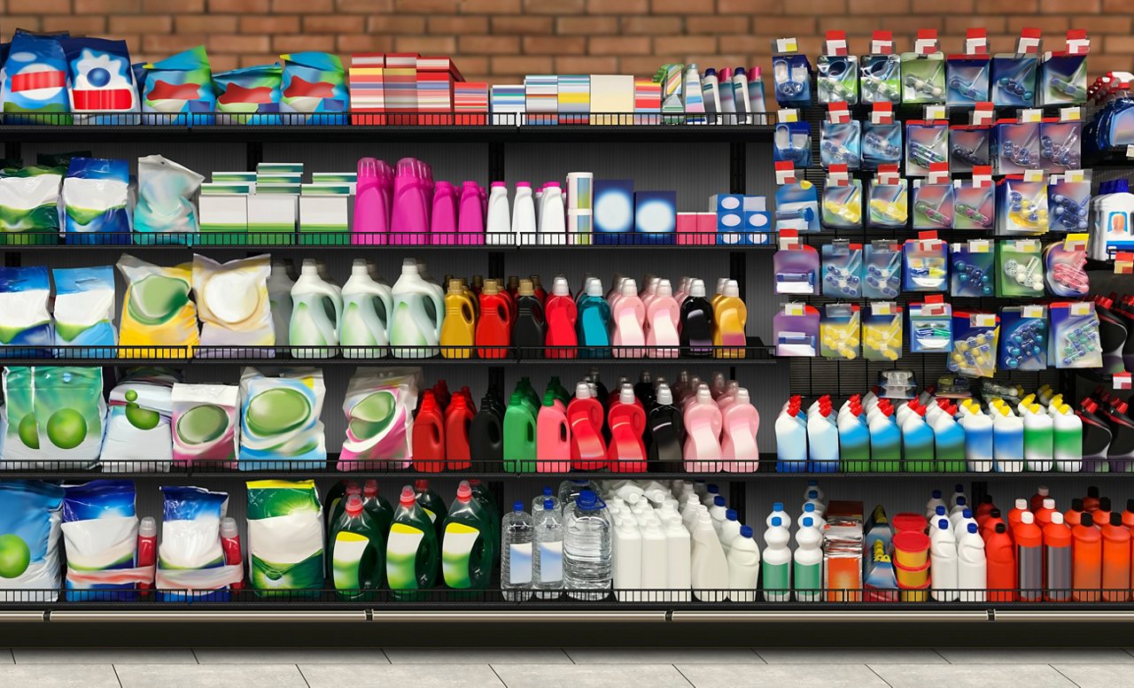 Household chemicals and Laundry Detergent on shelf In supermarket with colorful and blanko labels. Suitable for presenting new  detergent product and new designs of labels among many others.