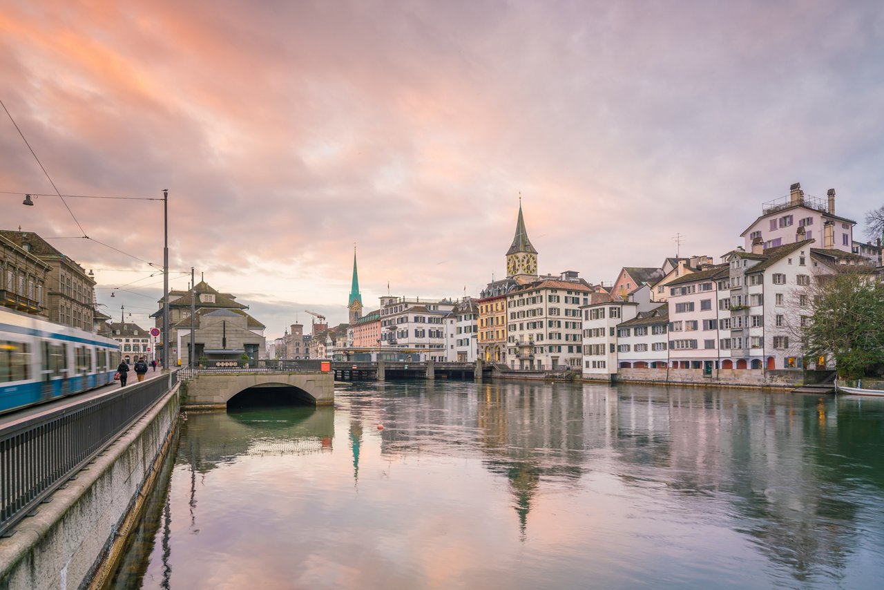 Cityscrape downtown Zurich Switzerland sunset