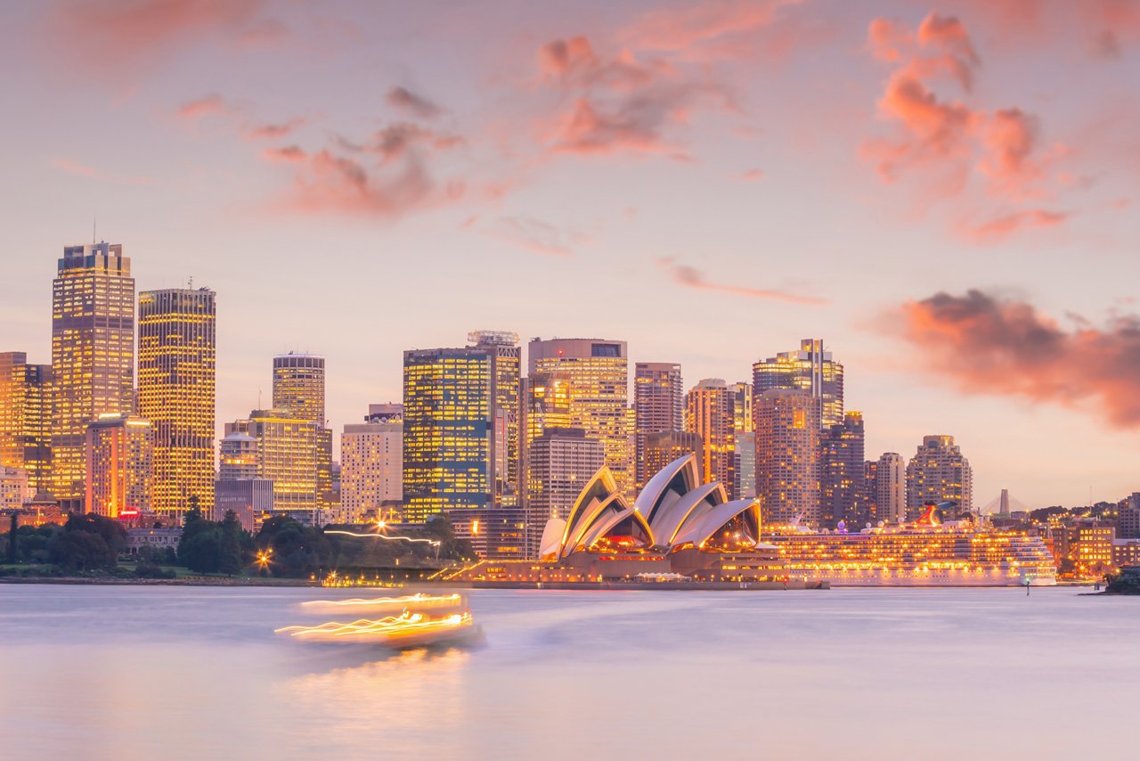 Downtown Sydney skyline in Australia from top view at sunset