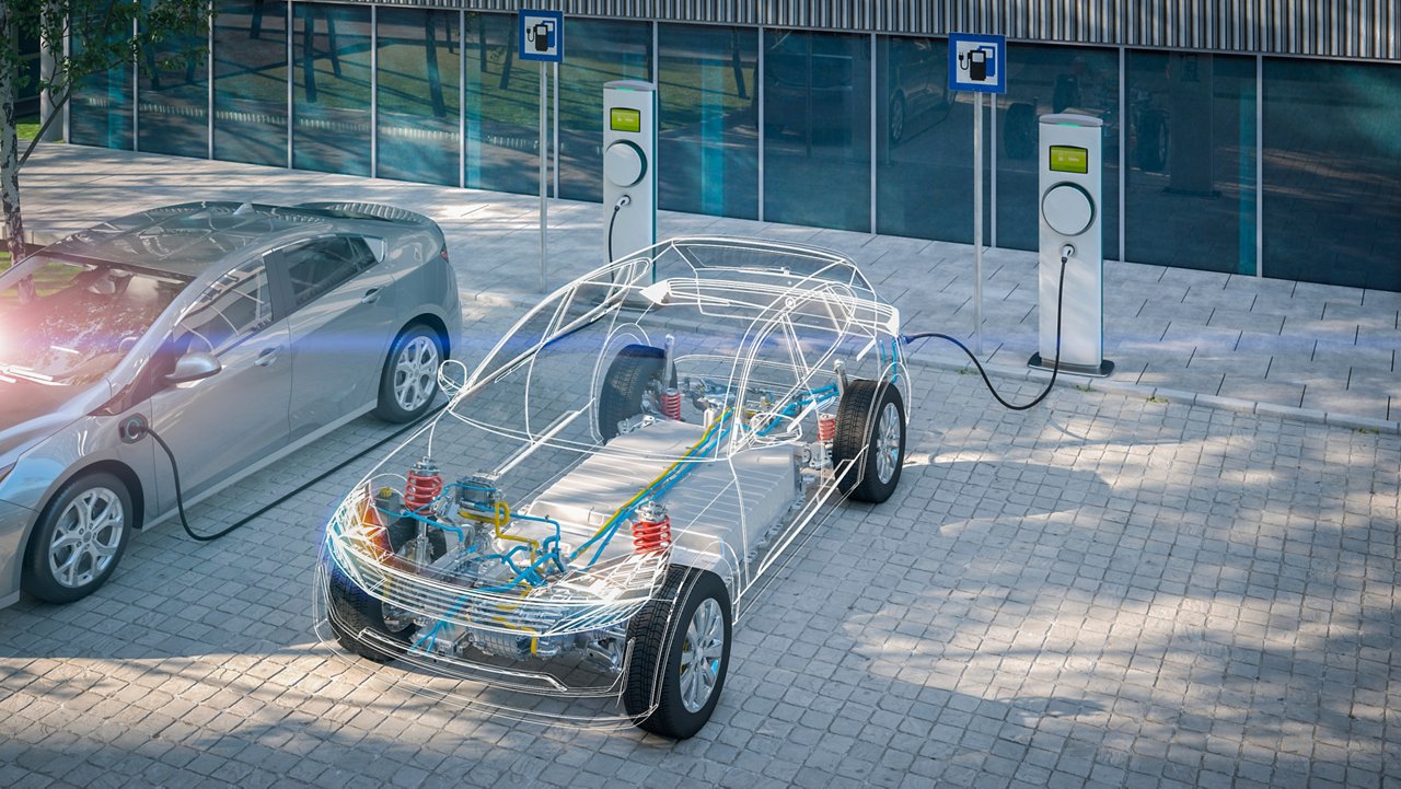 Engineered Materials - generic electric car with battery visible x-ray charging at public charger in city parking lot with lens flare 3d render