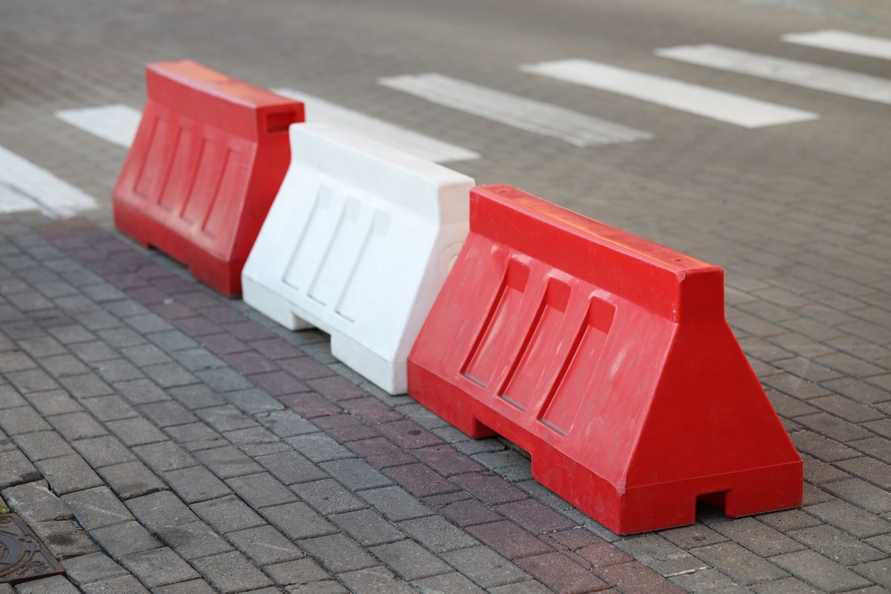 roadblocks paving pedestrian crossing red white ; Shutterstock ID 2257567147; purchase_order: Polymers website_building materials; job: ; client: ; other: 