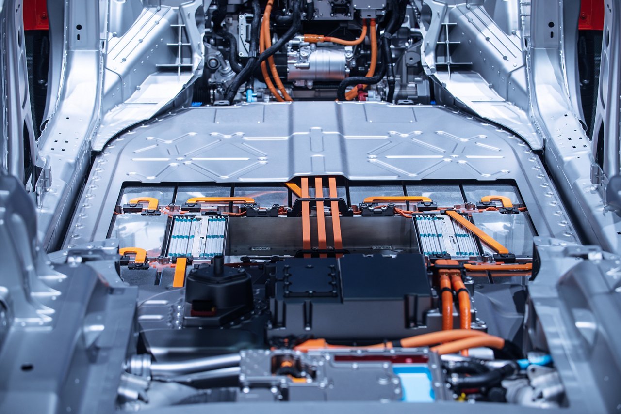 Chassis of the electric car with powertrain and power connections