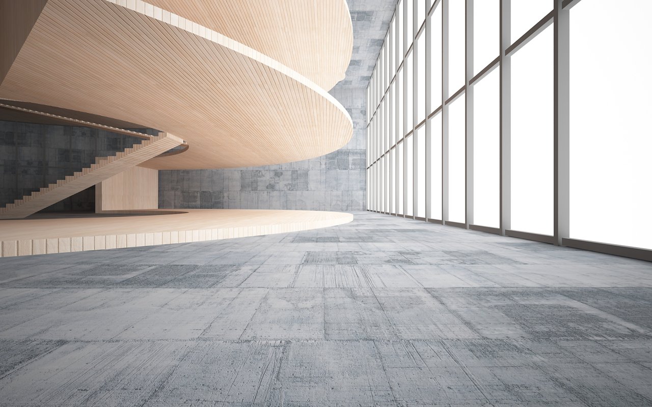 Abstract  concrete and wood interior multilevel public space with window. 3D illustration and rendering.; Shutterstock ID 724760443; Purchase Order: CON Microsite + Webinar